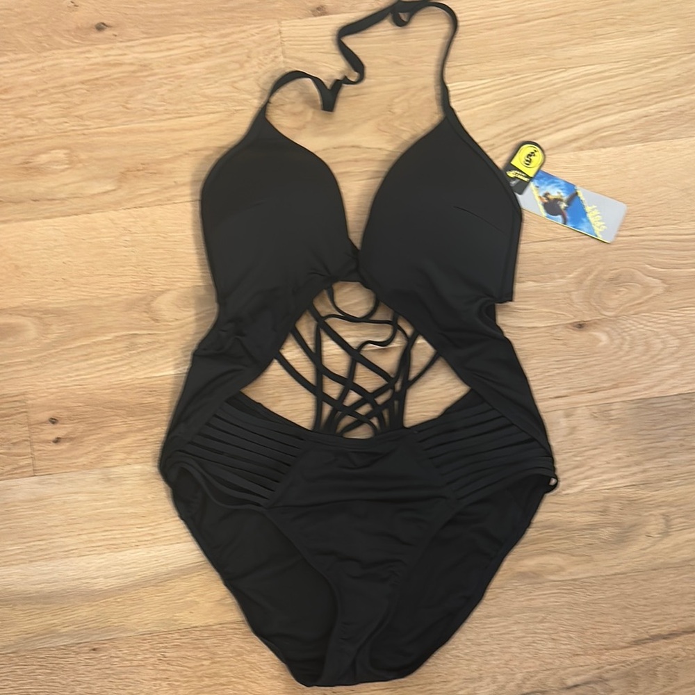 Black One-Piece Swimsuit with Halter Neck and Strappy Design